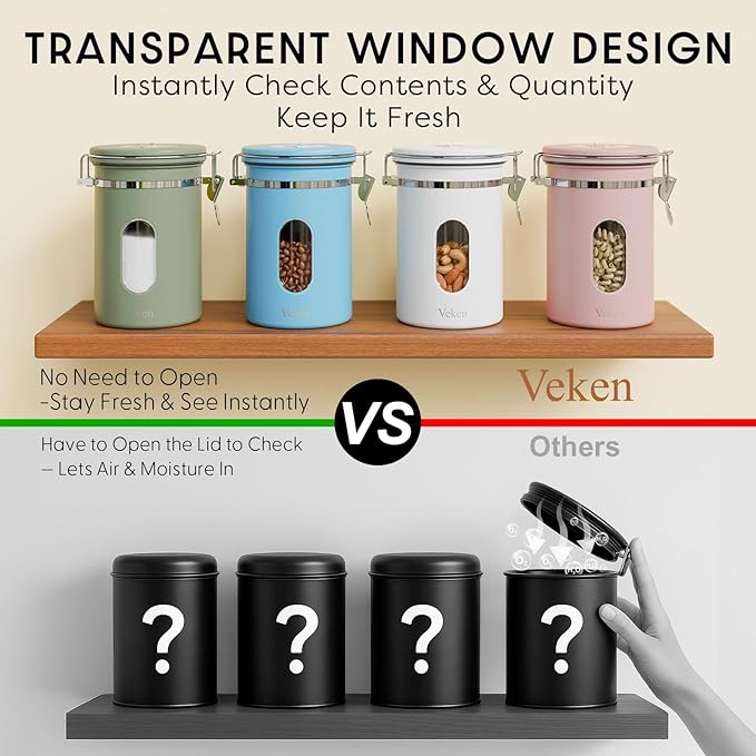 Veken Coffee Canister with Window, Easter Gifts Airtight Stainless Steel Container with Lids, Home Kitchen Food Storage Jars for Grounds, Beans, Tea, Flour, Cereal, Sugar, Basket, Scoop, 22OZ, Blue
