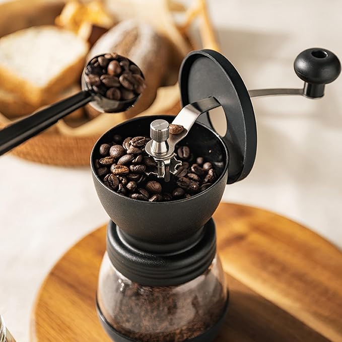 4-Piece Mini Manual Coffee Grinder Set with Conical Ceramic Burrs, Manual Adjustable Coarseness, Includes Two Glass Jars, Cleaning Brush, and Measuring Spoon