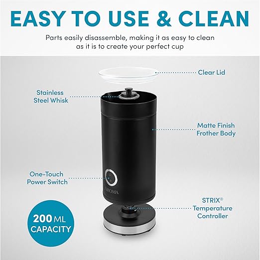 AROMA® 4-in-1 Cold & Warm Milk Frother and Steamer with Auto-Off One-Touch Controls (200ml)