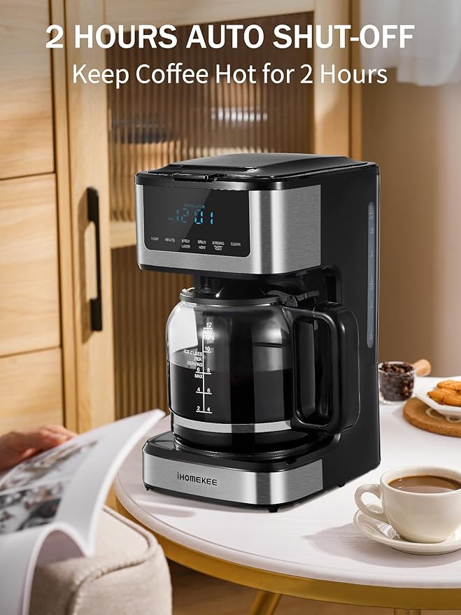 Coffee Maker, Programmable Drip Coffee Maker 12 Cup, Regular & Strong Brew Drip Coffee Machine with Iced Coffee Function for Home and Office, Black & Stainless Steel (Black,Silver)