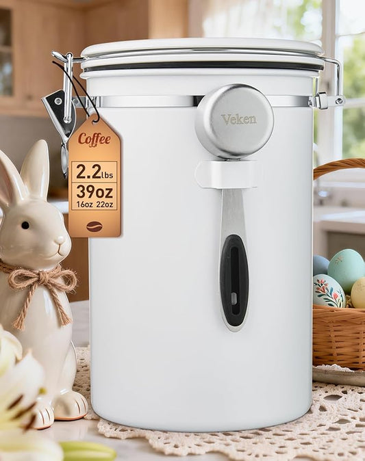 Veken Coffee Canister, 39OZ Large, Airtight Stainless Steel Food Storage Container for 2.2lbs Coffee Beans, Ground, Sugar, Tea, Flour, Cereal, Kitchen Bar Accessories with Date Tracker & Scoop, White