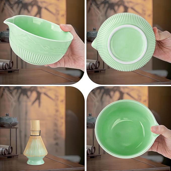 PHILORN Matcha Whisk Set, 9Pcs Ceramic Macha Kit, Matcha Set Whisk and Bowl with Spout, Whisks, Holder, Bamboo Scoop, Scoop Rest, Sifter and Tea Towel for Macha Lover (Cyan)