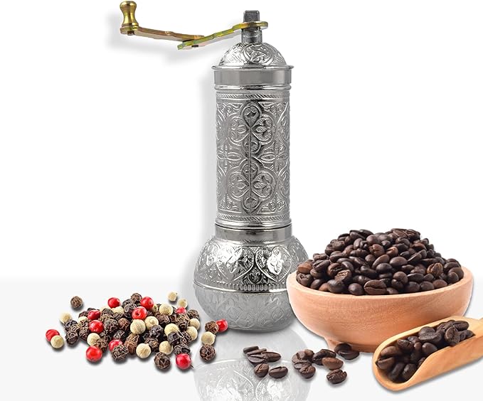 Decorative Handmade Coffee Grinder, Refillable Turkish Spice Mill, Manual Coffee Mill with Handle, Coffee Grinder Metal with Hand Crank 18 cm-7.1 inch (Silver)