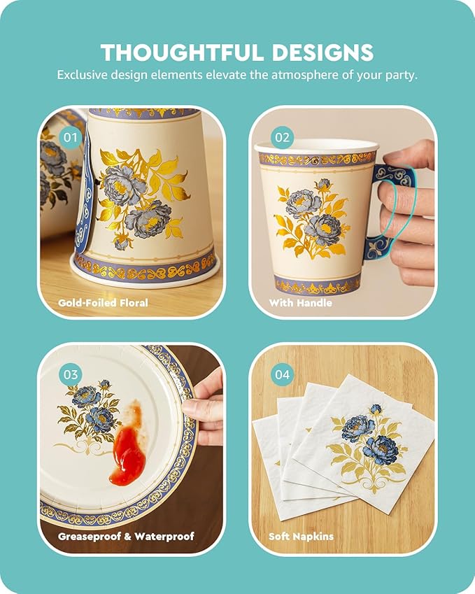 Baffect 145 Pcs Tea Party Supplies, Include Paper Tea Cups With Handle, 9" Garden Tea Party Plates, 7" Floral Saucers, Napkins, Gold Knives, Forks & 1 Disposable Tablecloth (Set Of 24, Blue & Gold)
