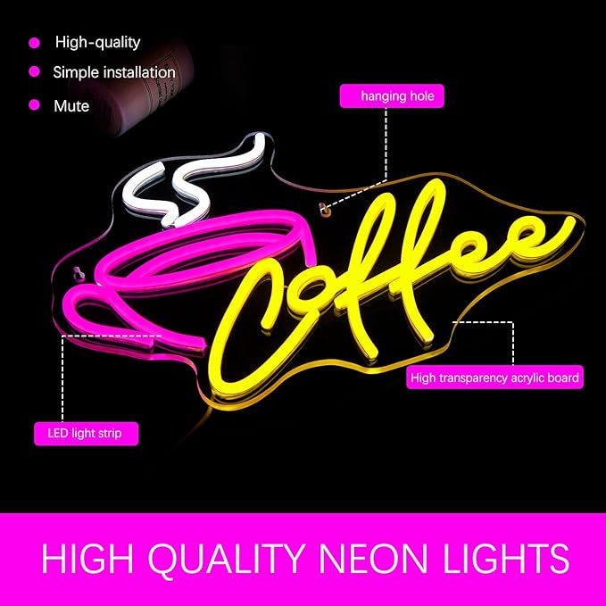 Coffee Bar Neon Sign for Wall Decor LED Cafe Light up Sign for Cafe Coffee Station Bar Shop Business Kitchen Art Decor Party Decorations Gifts USB Powered
