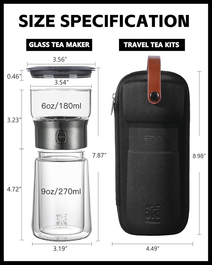 ZENS Modern Glass Tea Infuser Teapot, Smart One Touch Tea Maker for Loose Tea Diffusers with Insulated Mug and Portable Tea Kits, Cool Gongfu Tea Pot for Black Tea Lover Gifts