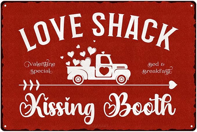 Kissing Booth Tin Sign Love Shack Metal Signs Valentine's Day Wall Art Decoration Home Farmhouse Bar Kitchen Cafe Living Room Coffee Corner White Day Decor Romantic Gift 12" x 8" by ArtSignsHomeDecor