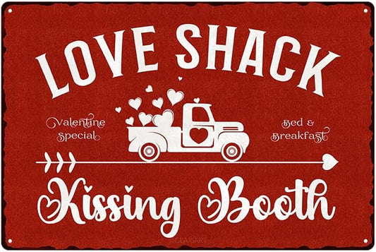 Kissing Booth Tin Sign Love Shack Metal Signs Valentine's Day Wall Art Decoration Home Farmhouse Bar Kitchen Cafe Living Room Coffee Corner White Day Decor Romantic Gift 12" x 8" by ArtSignsHomeDecor