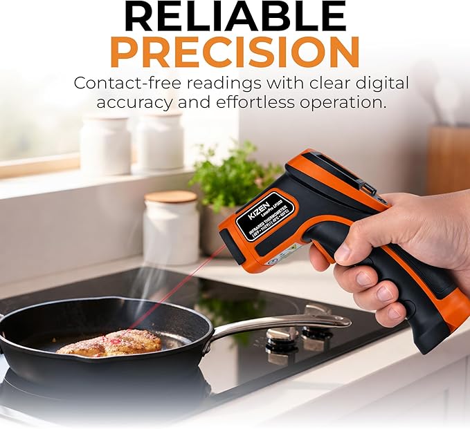 Kizen Infrared Temperature Gun - Handheld Surface Infrared Thermometer for Griddle, Grill, Pizza Oven, Candy, & A/C - Laser Thermometer Gun -58F to 1112F - Surface Temp Gun