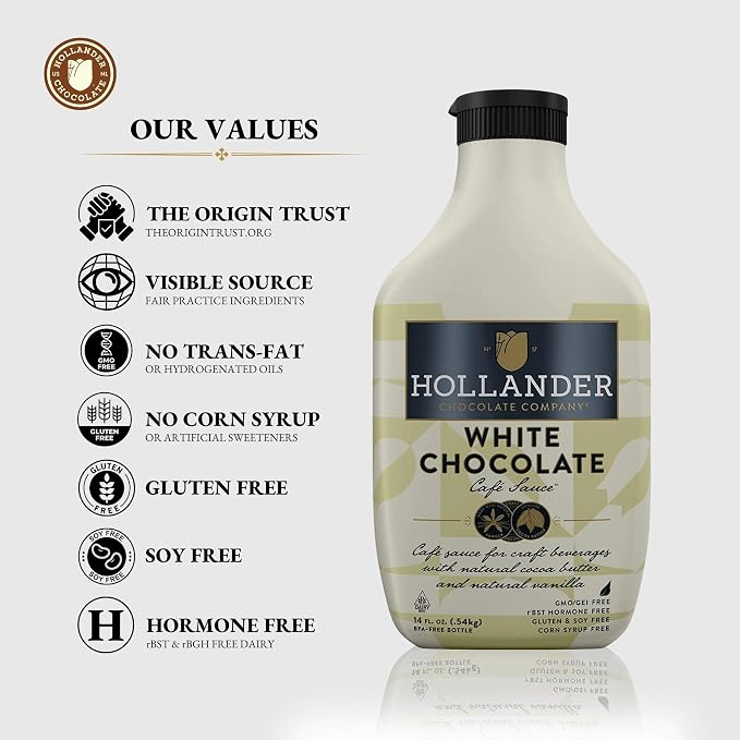 Hollander White Chocolate Cafe Sauce | GMO-Free, Gluten-Free, Soy-Free, Corn Syrup Free | 15 oz Squeeze Bottle - Image 4