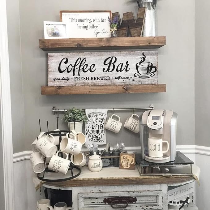 Rustic Wood Grain Coffee Station Decor - Retro Coffee Bar Signs for Kitchen - Self Serve Fresh Brewed Open Daily