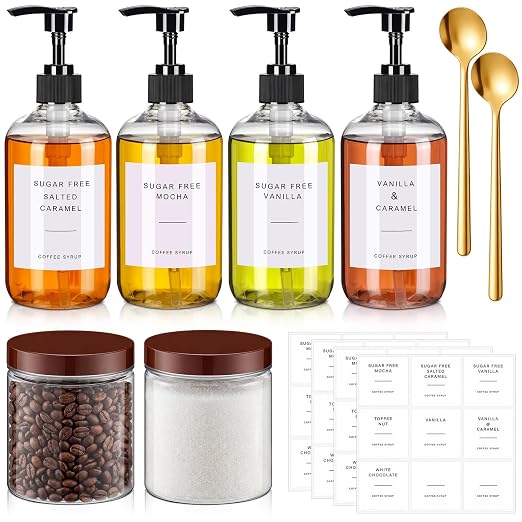 9 Pcs Coffee Syrup Dispenser Set 10.1 Oz/300 ml Plastic Coffee Syrup Dispenser Pump Bottle Pet Jar with Lids Gold Spoon and Labels for Home Bar Organization by Unknown