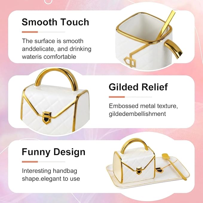 Handbag Shaped Mug, Handbag Coffee Mug And Saucer, Purse Coffee Ceramic Mug Set 10 Oz/ 310 ml Cute Creative Design Travel Tea Cup for Women Men Father's Day Thanksgiving