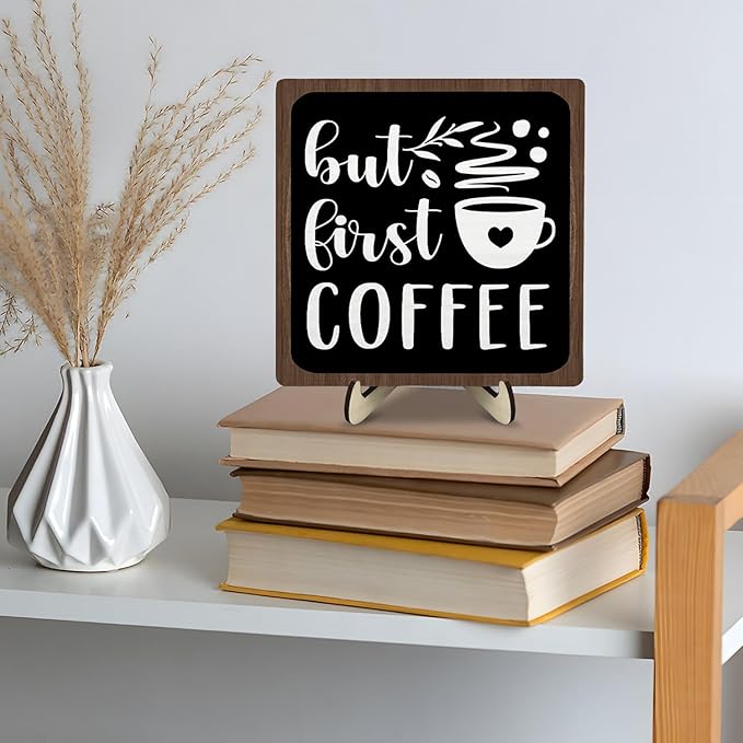 Vintage Coffee Bar Wooden Plaque Desk Sign, Farmhouse Wood Plaque Tabletop Decor for Cafe Bar Kitchen Office,Coffee Station Accessories 5.9x5.9Inch