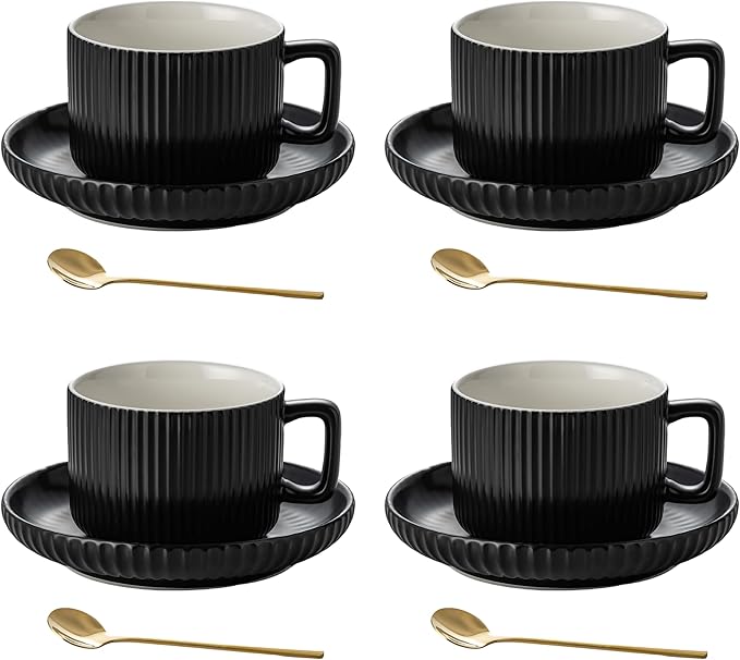 8 Ounce Cappuccino Cups Set of 4, Latte Mugs with Saucers and Spoons, Black Ceramic Coffee Mugs Tea Cups for Cappuccino Latte Mocha Au Lait Macchiato Cafe