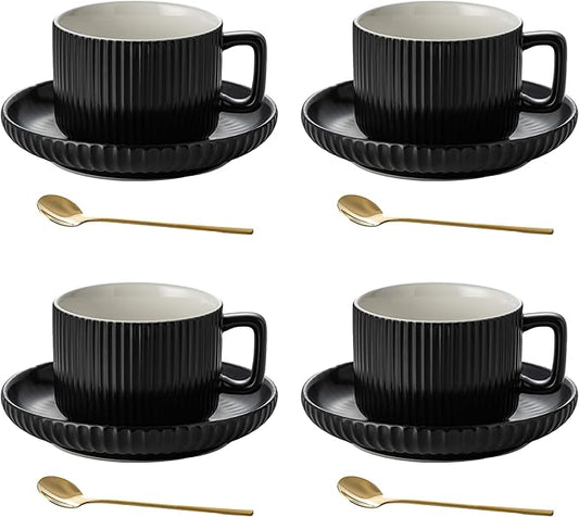 8 Ounce Cappuccino Cups Set of 4, Latte Mugs with Saucers and Spoons, Black Ceramic Coffee Mugs Tea Cups for Cappuccino Latte Mocha Au Lait Macchiato Cafe
