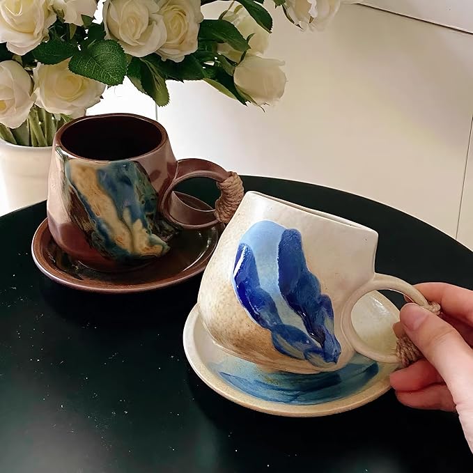 8oz Small Vintage Japanese Style Handmade Ceramic Tea Cup with Saucer , Lead-Free Cappuccino Mug, Artisanal Coffee Mug with saucer set,Handcrafted mug with handle, For Espresso, Latte ,(1, White)