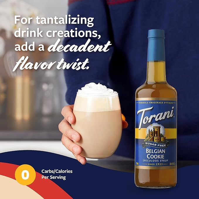 Torani Sugar Free Coffee Syrup, Belgian Cookie Flavoring for Drinks, Zero Calorie, Glass Bottle with Pump Included, 25.4 Fl Oz