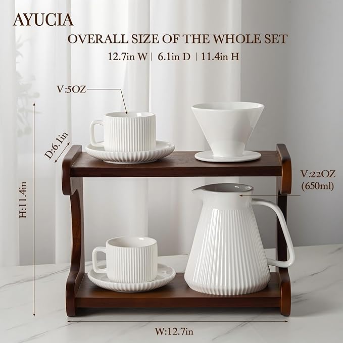 Pour Over Coffee Maker Set, 22OZ Ceramic Pour Over Coffee Dripper with Acacia Wood Stand and 5OZ Cups and Saucers Set of 2, Size 02