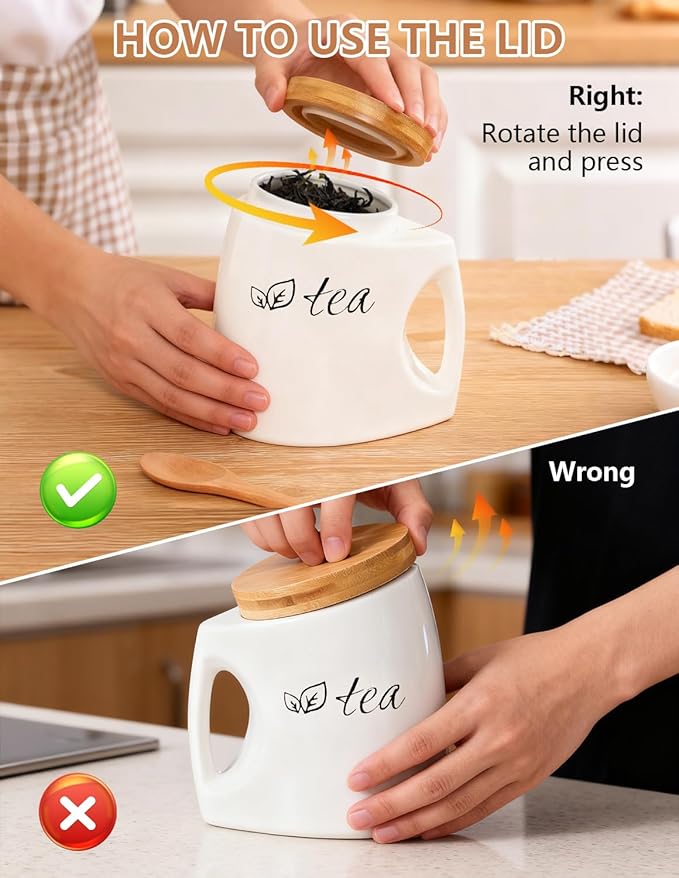 Ceramics Tea Canisters with Airtight Seal Lid and Spoon, Loose Leaf Tea Storage Containers, White Tea Jars with Comfort Grip, Home Decor (25oz/750ml)