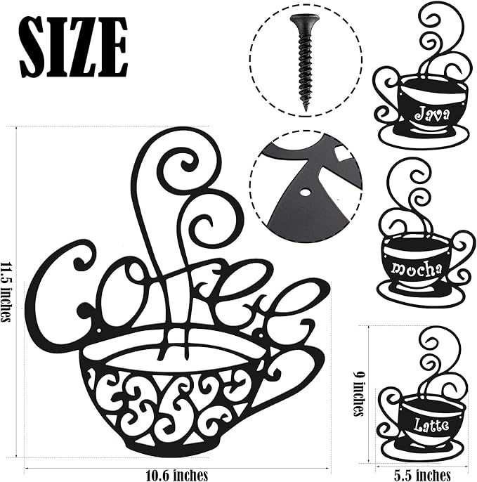 4 Pieces Metal Coffee Cup Wall Decor Coffee Bar Decor Cafe Themed Wall Art Decoration Vintage Cup Signs for Kitchen Decorations Shop Restaurant Lounge Decorations(Black)