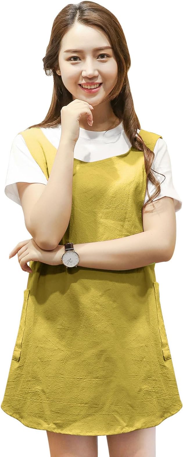 Shortened Design Apron, Japanese Style Soft Cotton Linen Apron with Two Side Pockets, X Cross Halter Aprons, Kitchen Cooking Clothes Gift for Women DIY Project, Crafting, Cooking, Baking(Yellow) - Image 6