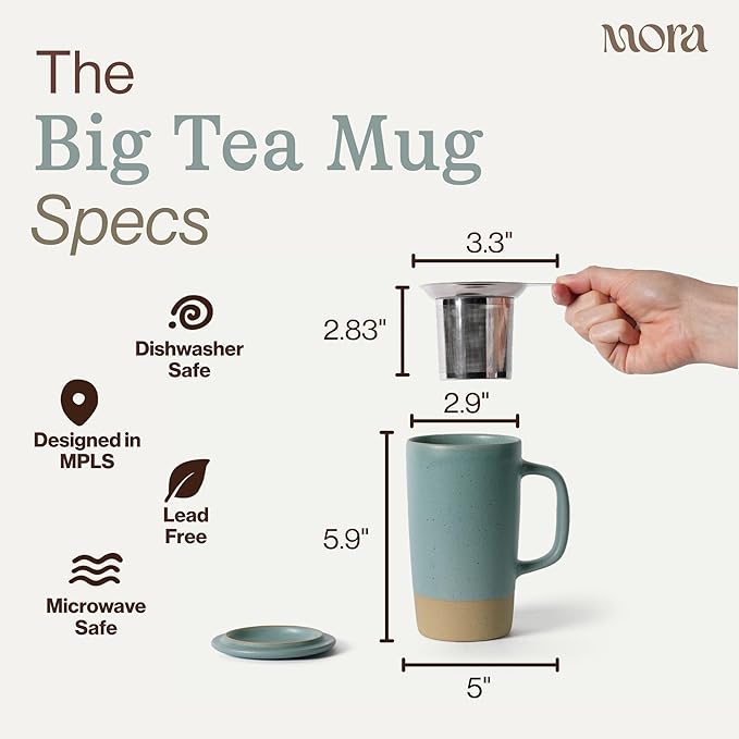 MORA Ceramics Large Tea Mug with Loose Leaf Infuser and Ceramic Lid, 18 oz, Portable, Microwave, Dishwasher Safe, Tall Coffee Cup - Rustic Matte Ceramic Glaze, Modern Herbal Tea Strainer, Iris