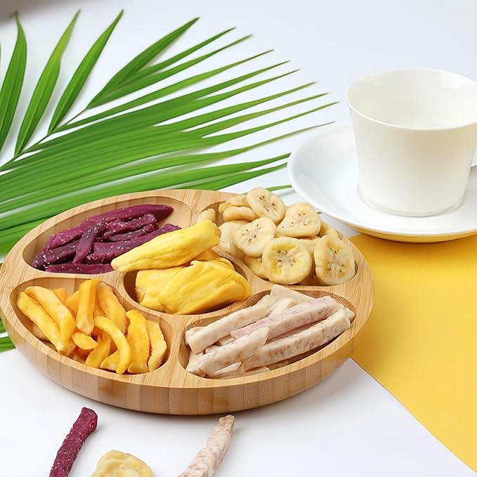 Divided Serving Dish Tray,7.9 in Round Bamboo Serving Trays,Wooden Candy Platters with 5 Compartments,Lazy Snack Trays for Home Decor,Parties, Events (1Pcs)