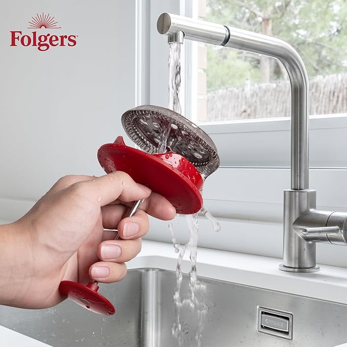 LORD'S ROCKS Folgers Coffee French Press – 600ml Heat-Resistant Glass Coffee Maker with Stainless Steel Filter, Durable Red Frame & Handle, Easy Brewing for Fresh, Bold Flavor