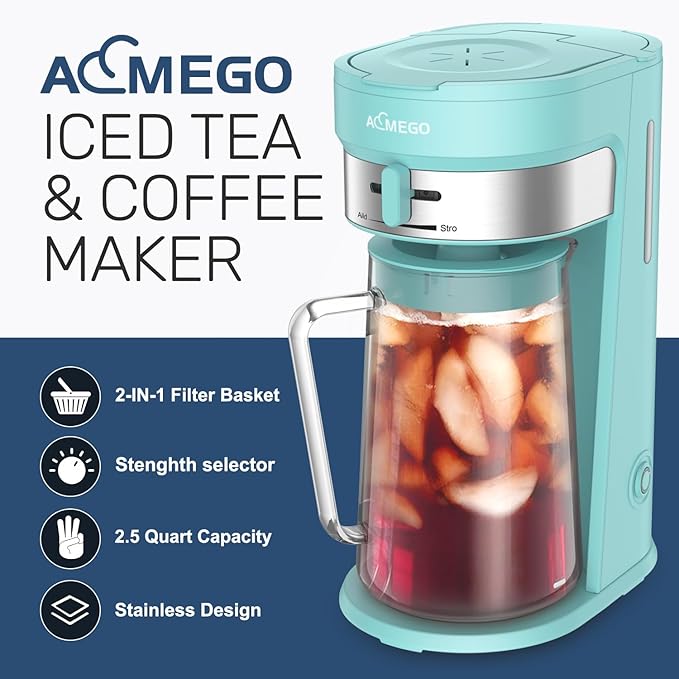 Iced Tea Maker, Brewing System with 2.5-quart Glass Pitcher, sliding strength selector, Stainless Steel Decoration, Reusable Filter (Green)