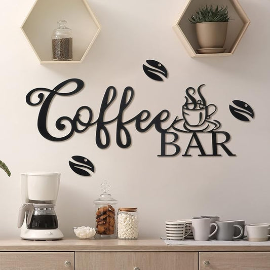 Coffee Bar Sign - Rustic Metal Hanging Decor for Home Office Kitchen (Coffee Bar and Bean Style)