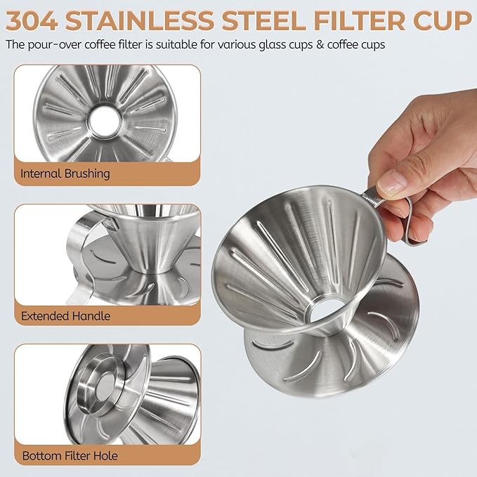 Pour Over Coffee Maker 600ml Milk Frothing Pitcher 304 Thickened Stainless Steel Drip Coffeemaker Set with 50pcs V60 Cone Paper Filters Hand Brew Dripper Carafe for Home Camping Travel 20oz