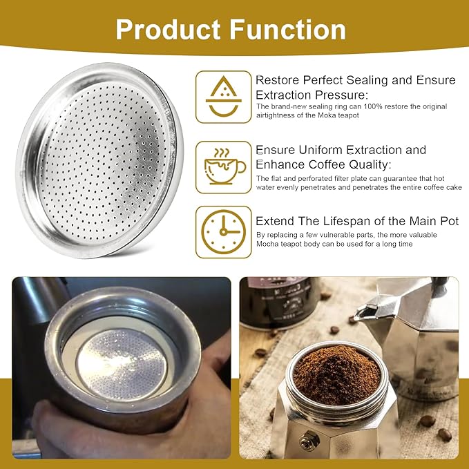 Moka Pot Spare Parts Replacement for Bialetti 3/4 Cups, Moka Pot 3 Cup Silicone Gasket and Food-grade Aluminum Filter Plate Compatible with Moka Express, Fiammetta Moka Pots, 6 Pcs Gasket and 2 Plate.