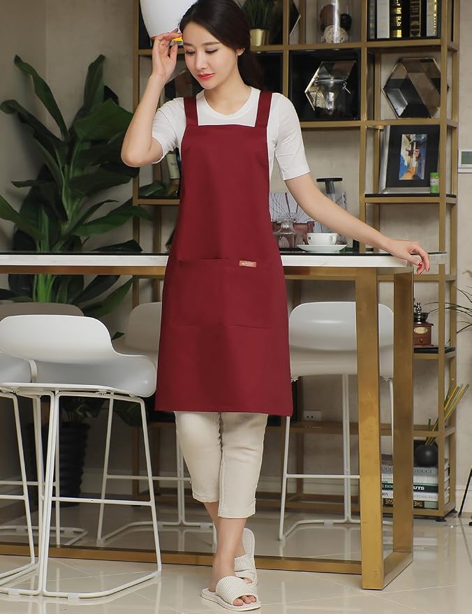 NEWGEM 100% Cotton Cross Back Apron for Women with 2 Pockets - Adjustable Button Straps Pinafore, No Neck Pain Kitchen Chef Apron for Cosmetologist, Hairstylist, Bartender (Burgundy) - Image 2