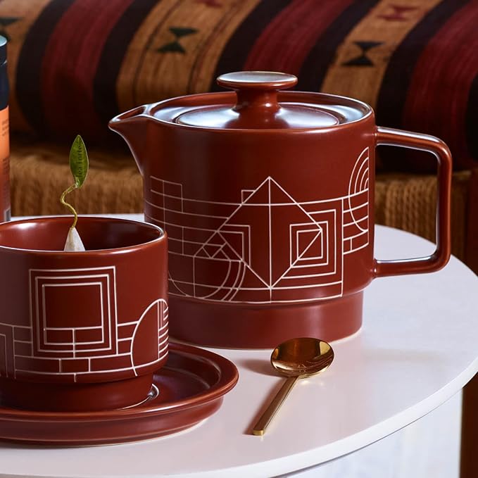 Tea Forte Terra Stoneware Teapot with Infuser and Lid, Frank Lloyd Wright, 20 oz. Sienna Stoneware Pot for Steeping Loose Leaf Tea, Dishwasher & Microwave Safe