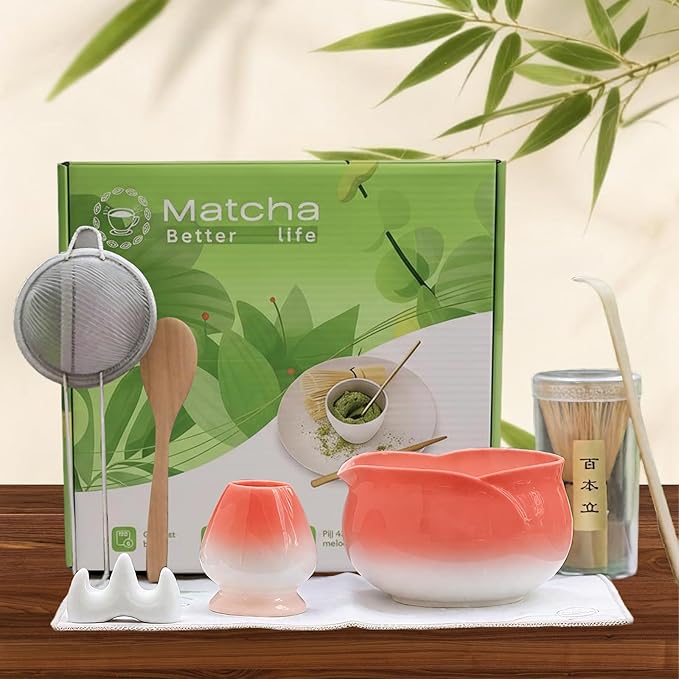 8 Pcs Matcha Whisk Set Chasen Matcha Whisk Bamboo Bowl with Spout Sifter Spoon Scoop Whisk Holder Bamboo Mat Complete Matcha Making Kit (Red Petal)