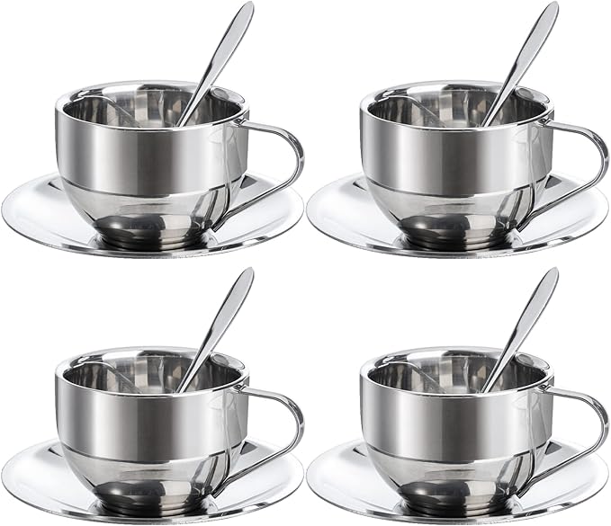 Okllen 4 Pack Stainless Steel Coffee Cup Set, 6 Oz Coffee Mugs with Spoon and Saucer, Double Walled Espresso Cups Mugs for Coffee, Latte,Tea, Milk