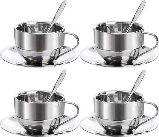 Okllen 4 Pack Stainless Steel Coffee Cup Set, 6 Oz Coffee Mugs with Spoon and Saucer, Double Walled Espresso Cups Mugs for Coffee, Latte,Tea, Milk
