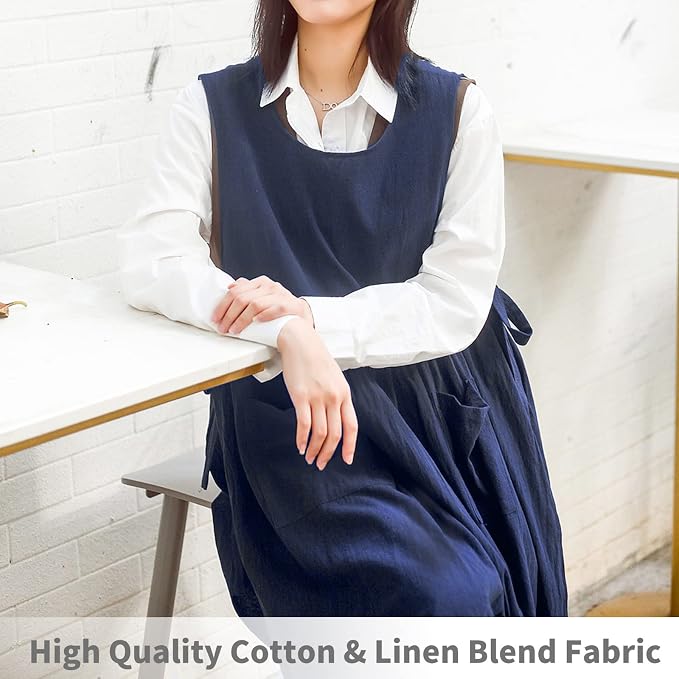 Premium Plus Size Apron with Pockets Adjustable Waistline Bib Apron,Soft Cotton Blend Apron Pinafore Dress for Baking Cooking Gardening(XL,Navy Blue) - Image 4
