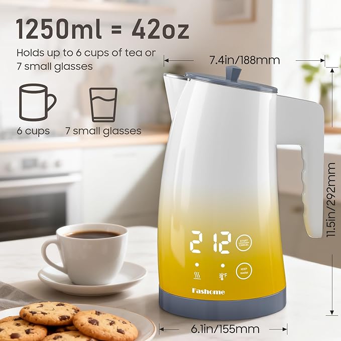 Electric Kettle with Temperature Control, 5 Preset Temps & 2H Keep Warm, 1200W Quiet Water Boiler, BPA-Free Double Wall Cool Touch, Digital Display, 360° Base – Yellow Gradient