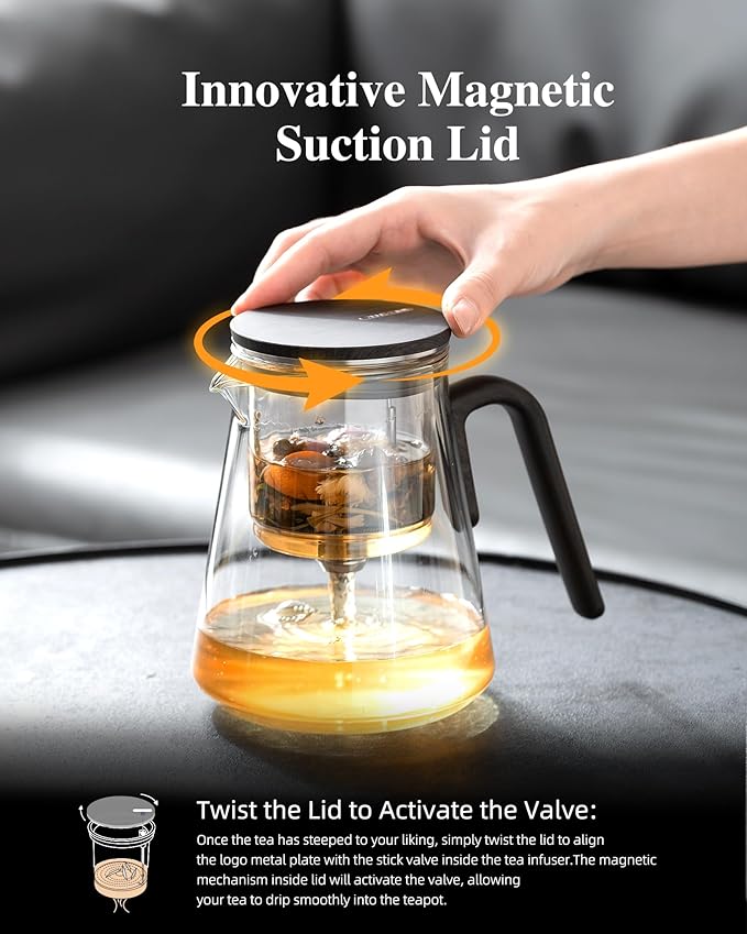 ZENS Enchanted Tea Pot with Magnetic Lid, Magic Glass Teapot with Infuser for Loose Leaf Tea Steeper, Mess-Free Herbal Tea Maker, Tea Diffusers for Tea Lovers Ideal Gifts, 27oz/800ml
