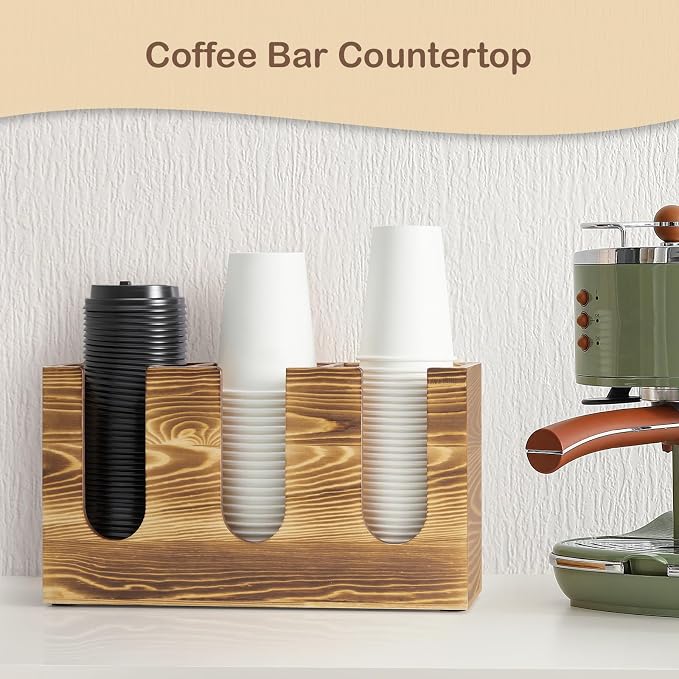 Wooden Coffee Cup and Lid Organizer for Countertop, 3 Compartments Cup Holder Dispenser, Fits 16–24 oz Disposable Cups, Coffee Bar Cup Organizer, Breakroom Kitchen Counter Cup Holder - Image 2