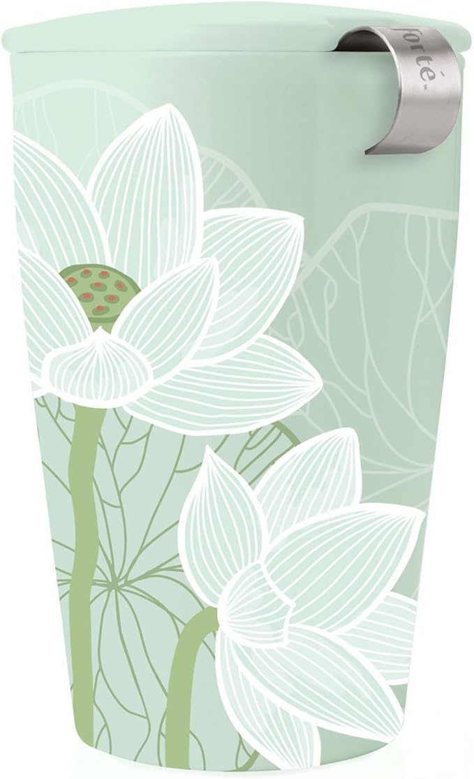 Tea Forte Double-Walled Ceramic Kati Cup, Removable Stainless Steel Infuser Basket and Lid, Steeps 12 oz Loose Leaf Tea, Dishwasher & Microwave Safe, Lotus Blossom