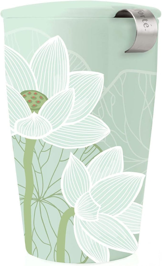 Tea Forte Double-Walled Ceramic Kati Cup, Removable Stainless Steel Infuser Basket and Lid, Steeps 12 oz Loose Leaf Tea, Dishwasher & Microwave Safe, Lotus Blossom