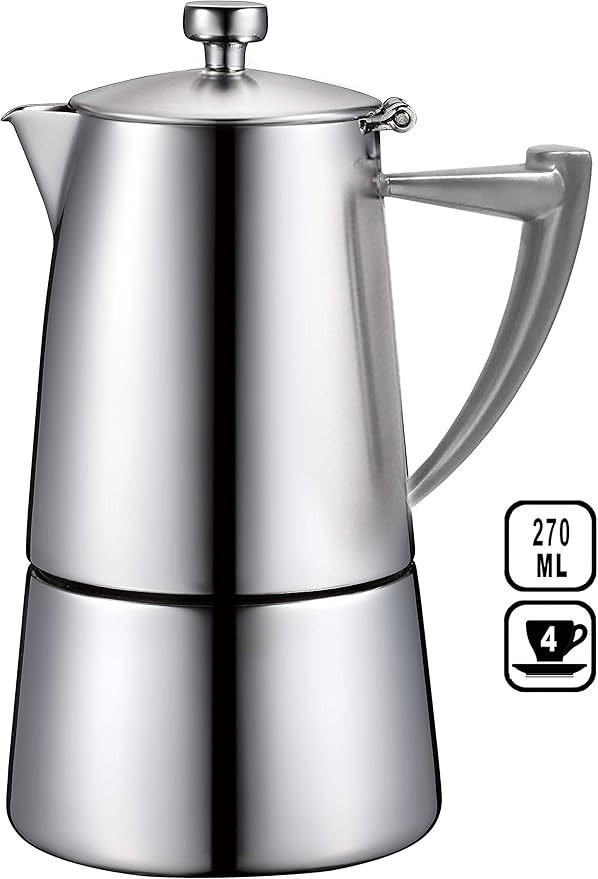 CUISINOX Roma Satin Stainless Steel Moka Pot Stovetop Espresso Maker, 4-Cup (6 oz)