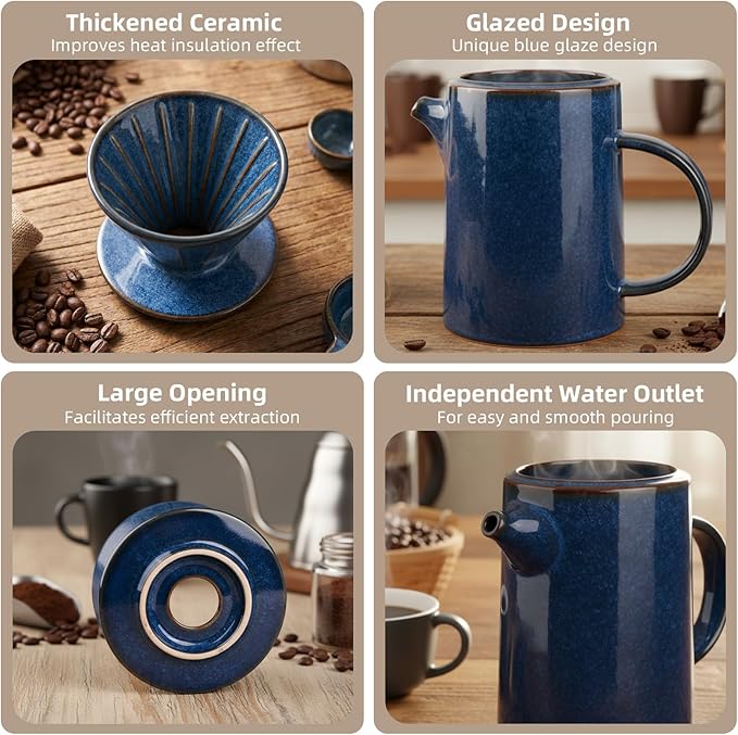 Pour Over Coffee Maker Set, Blue Vintage Coffee Maker with 20 Count Paper Coffee Filters, High Heat Ceramic Pour Over Coffee Dripper Set for Home, Restaurant, Camping Hiking, 16.5 Ounces