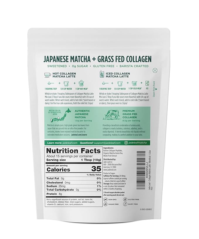 Jade Leaf Matcha Latte Powder with Grass Fed Bovine Collagen - Sugar Free, Sweetened with Monkfruit for Lattes Mixes - Made with Organic Japanese Matcha Powder 5.3 Ounce / 150g (Pack of 1)