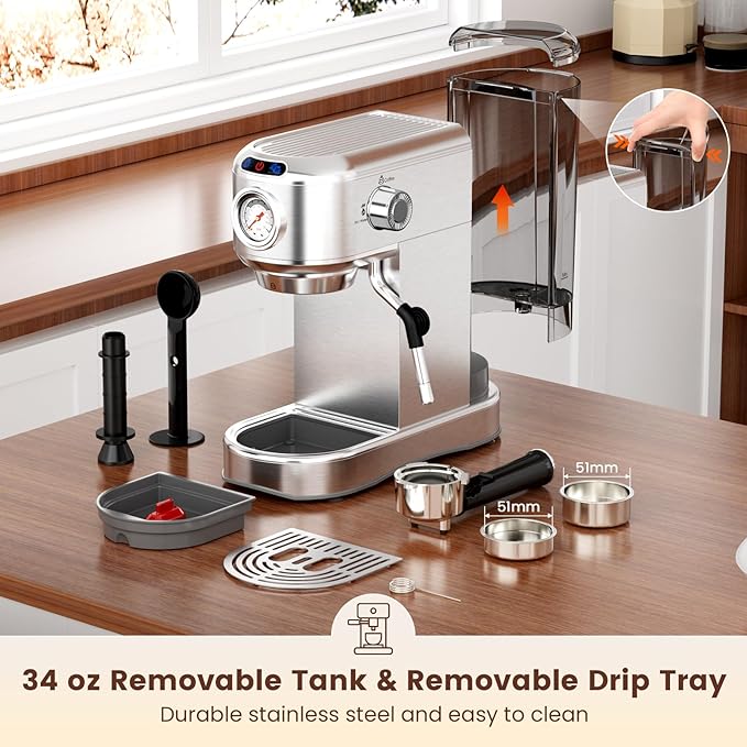 Espresso Machine 20 Bar, Compact Espresso Maker, Stainless Steel Expresso Coffee Machines with Steam Milk Frother & 34oz Removable Water Tank for Cappuccino, Latte, Home Office Use, Silver