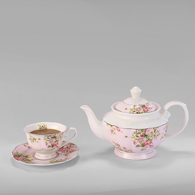 Pink Azalea Porcelain English Teapot, Coffee Pot, Golden Rim, Light Weight, 37 Oz