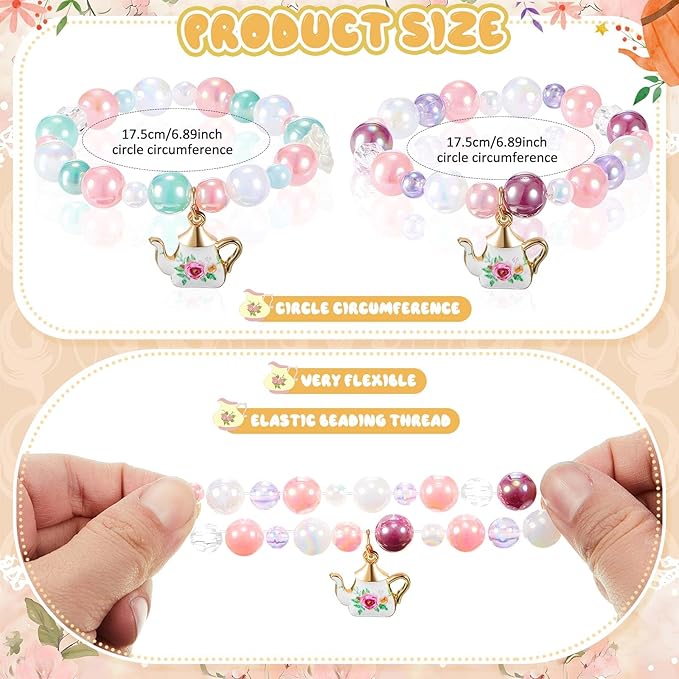 Ecally 24 Pcs Tea Party Favors Bracelet Bulk Tea Pot Beaded Bracelet Party Supplies Pendant Accessories Decorations for Kids Girl